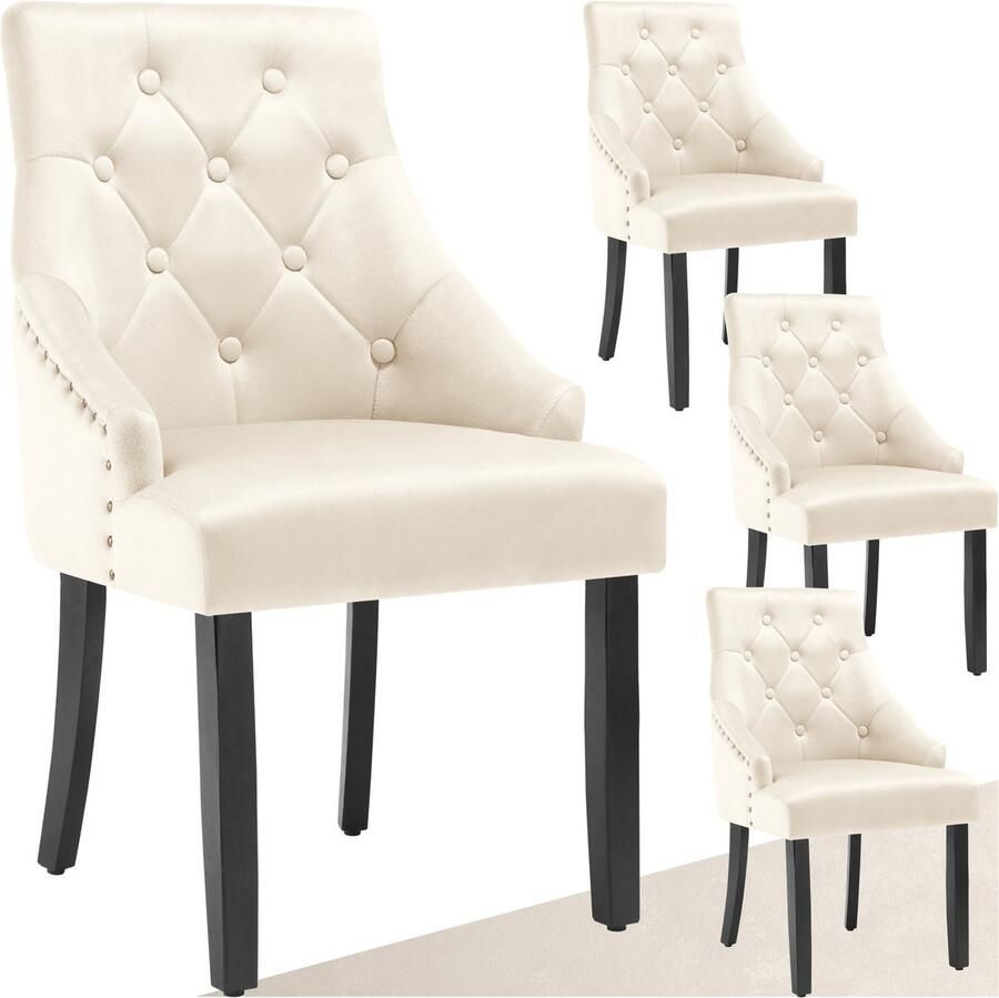 Tectake Set van 4 eetkamerstoelen Everdeen Fluweellook gestikt Met armleuningen Massieve houten poten Stoel voor de woonkamer eetkamer keuken Grote rugleuning Crème zwart