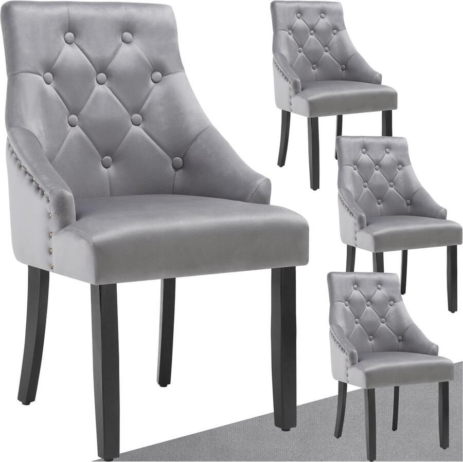 Tectake Set van 4 eetkamerstoelen Everdeen Fluweellook gestikt Met armleuningen Massieve houten poten Stoel voor de woonkamer eetkamer keuken Grote rugleuning Lichtgrijs zwart