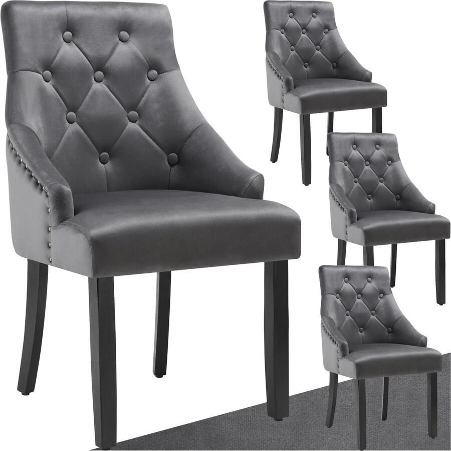 Tectake Set van 4 eetkamerstoelen Everdeen Fluweellook gestikt Met armleuningen Massieve houten poten Stoel voor de woonkamer eetkamer keuken Grote rugleuning Donkergrijs zwart