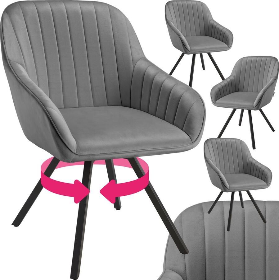 Tectake Draaibare eetkamerstoel met armleuningen Ergonomische kuipstoel met fluwelen bekleding Gewatteerd Draaistoel voor woonkamer eettafel studeerkamer kaptafel en keuken Set van 4 Grijs