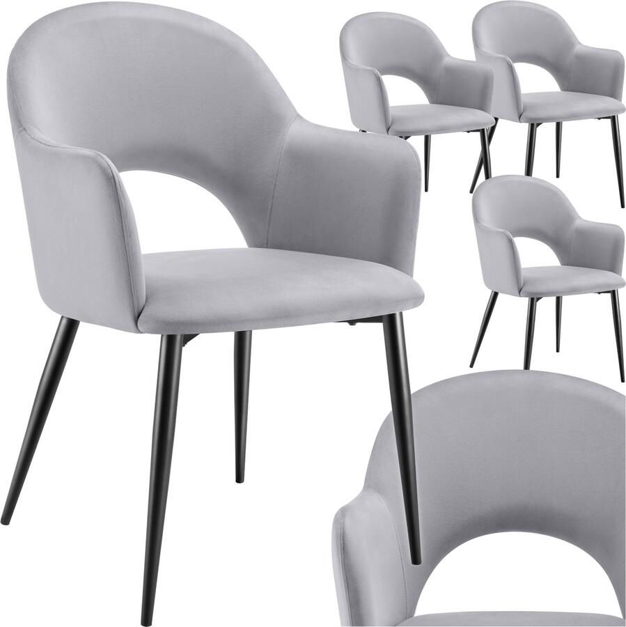 Tectake Set van 4 Eetkamerstoelen Sachel Fluweellook Gestoffeerde Fauteuils Keukenstoel Ergonomische Stoelen voor Woonkamer en Keuken Eetkamerstoel met Armleuning 120 kg Draagkracht per Stoel Lichtgrijs