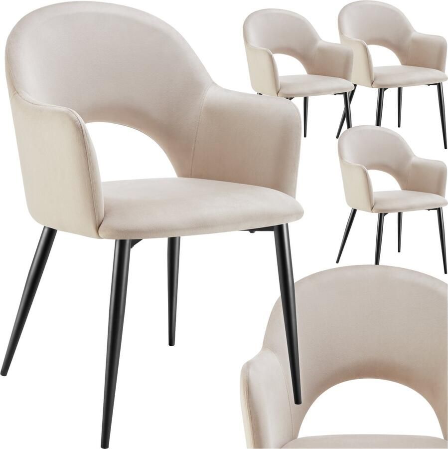 Tectake Set van 4 Eetkamerstoelen Sachel Fluweellook Gestoffeerde Fauteuils Keukenstoel Ergonomische Stoelen voor Woonkamer en Keuken Eetkamerstoel met Armleuning 120 kg Draagkracht per Stoel Creme