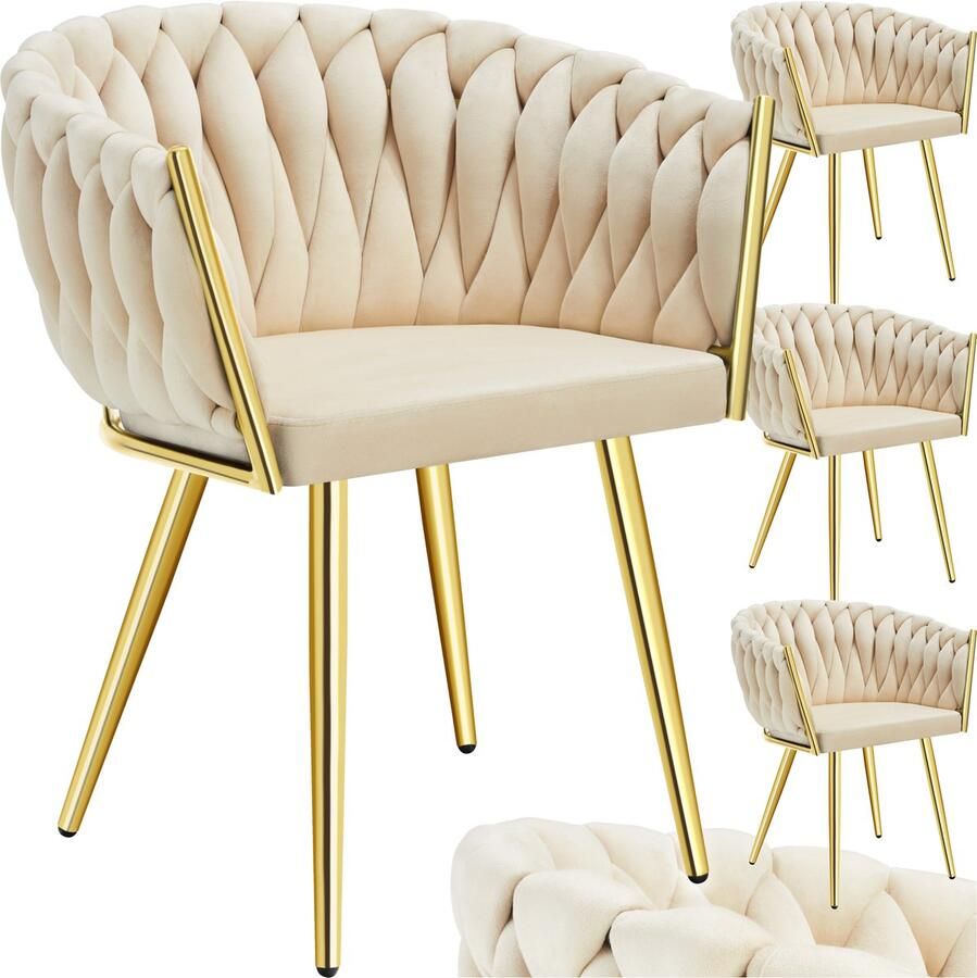 Tectake Set van 4 Fluwelen eetkamerstoelen Kuipstoel met armleuning in knooplook Eetkamerstoel Moderne eetkamerstoel voor woonkamer en eetkamer Keukenstoel Kaptafelstoel Slaapkamerstoel kleuren Zandkleurig Goud