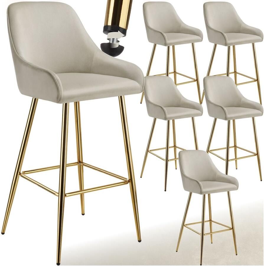 Tectake Set van 6 Barkrukken Avane Gestoffeerde Barkruk met rugleuning Barstoelen Ergonomische Barstoel met voetensteun Eetkamerstoel met fluweellook bekleding Stevige stalen poten met antislip vloerbescherming Crème Goud