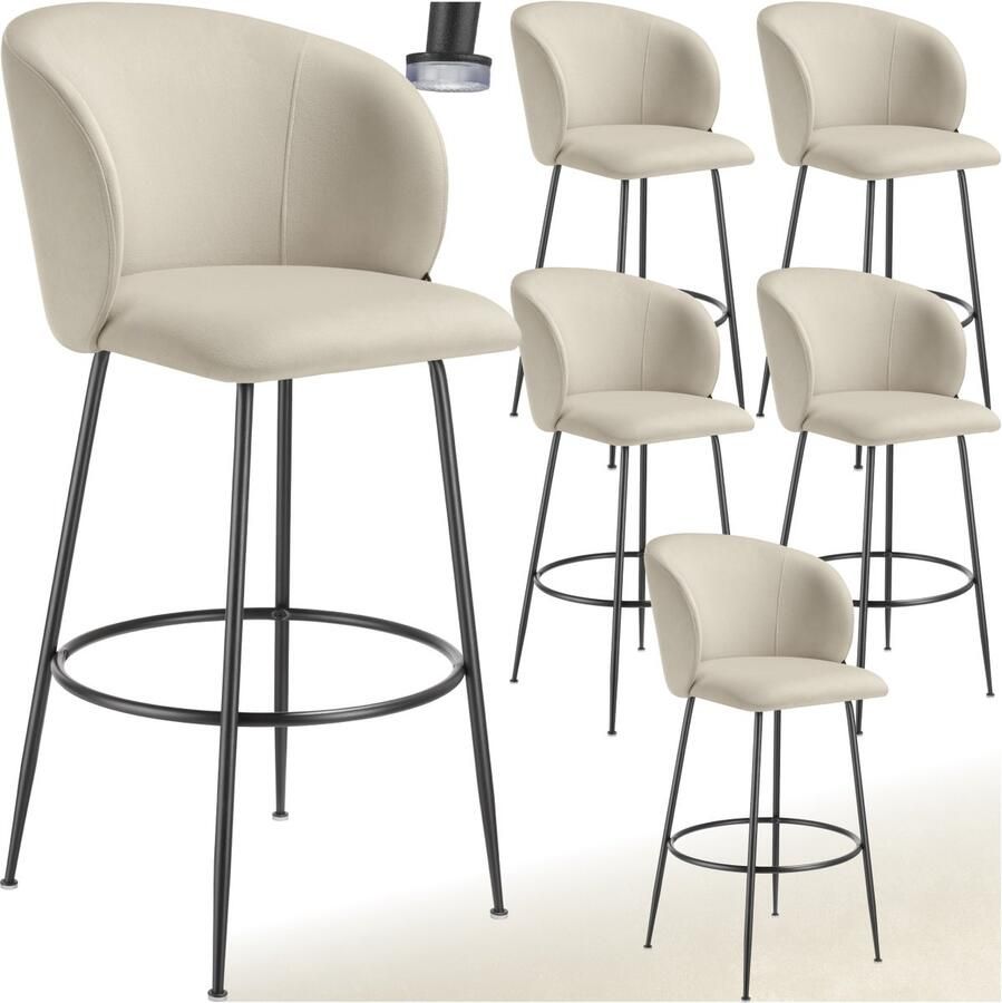 Tectake Set van 6 Barkrukken Luana Gestoffeerde Barkruk met rugleuning Barstoelen Barstoel met voetensteun Eetkamerstoel met fluwelen bekleding Stevige stalen poten met antislip vloerbescherming Crème zwart