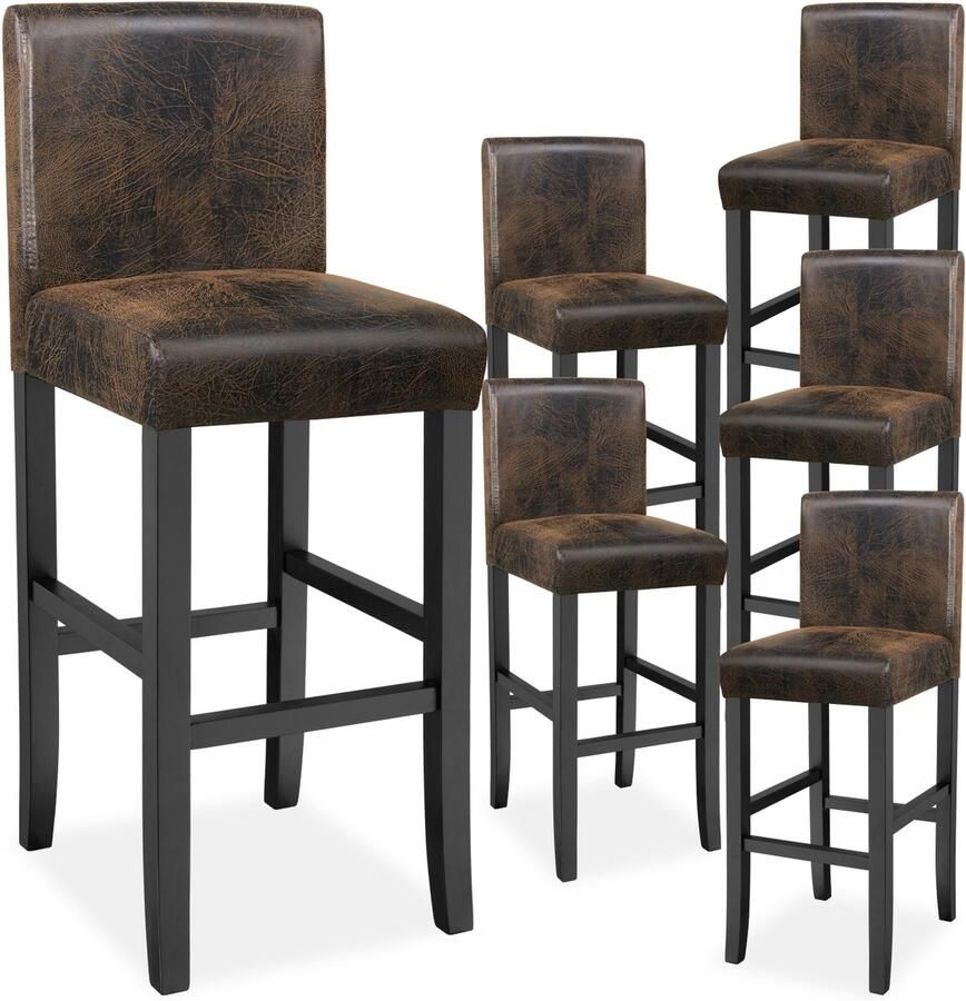 Tectake Set van 6 Barkrukken met Rugleuning Gestoffeerde Barkruk Zithoogte 76 cm Barstoel met Voetsteun Kruk met Kunstleren Bekleding Ergonomische Vorm Barstoelen voor Keuken & Bar Eetkamerstoelen Antiek Bruin