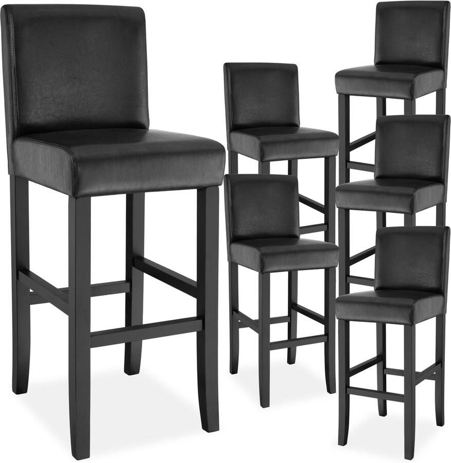 Tectake Set van 6 Barkrukken met Rugleuning Gestoffeerde Barkruk Zithoogte 76 cm Stoelpoten van Massief Hout Barstoel met Voetsteun Kruk met Kunstleren Bekleding Ergonomische Vorm Barstoelen voor Keuken & Bar Eetkamerstoelen Zwart