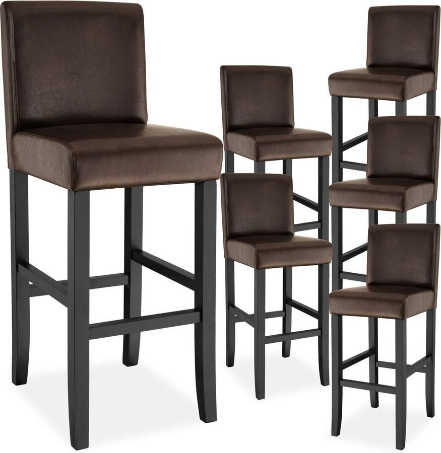 Tectake Set van 6 Barkrukken met Rugleuning Gestoffeerde Barkruk Zithoogte 76 cm Stoelpoten van Massief Hout Barstoel met Voetsteun Kruk met Kunstleren Bekleding Ergonomische Vorm Barstoelen voor Keuken & Bar Eetkamerstoelen Bruin
