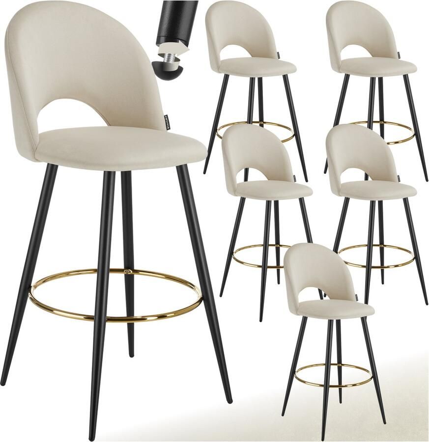 Tectake Set van 6 Barkrukken Sachel Gestoffeerde Barkruk met rugleuning Barstoelen Ergonomische Barstoel met voetensteun Eetkamerstoel met fluweellook bekleding Stevige stalen poten met antislip vloerbescherming Crème Zwart