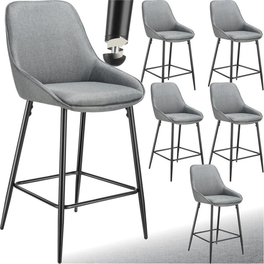 Tectake Set van 6 Barkrukken Siera Gestoffeerde Barkruk met rugleuning Barstoelen Barstoel met voetensteun Eetkamerstoel met stoffen bekleding en zachte schuimvulling Stevige stalen poten met antislip vloerbescherming Grijs Zwart