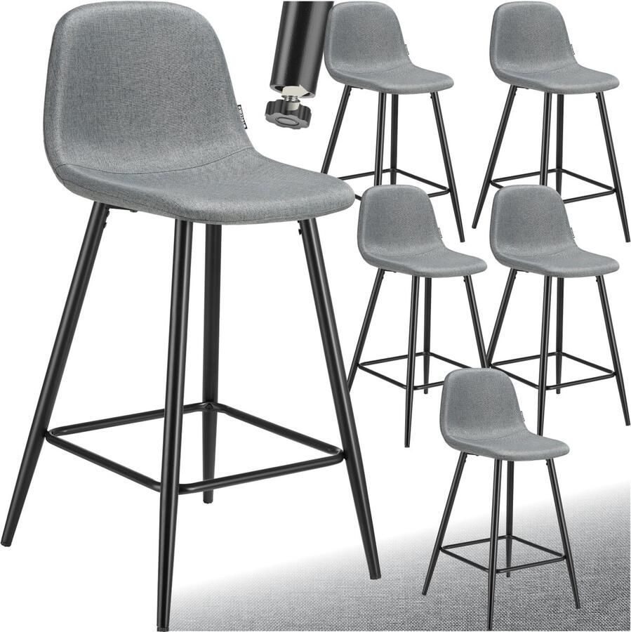 Tectake Set van 6 Barkrukken Willow Gestoffeerde Barkruk met rugleuning Barstoelen Ergonomische Barstoel met voetensteun Eetkamerstoel met geweven stoffen bekleding Stevige stalen poten met antislip vloerbescherming Donkergrijs Zwart