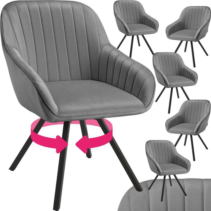 Tectake Draaibare eetkamerstoel met armleuningen Ergonomische kuipstoel met fluwelen bekleding Gewatteerd Draaistoel voor woonkamer eettafel studeerkamer kaptafel en keuken Set van 6 Grijs