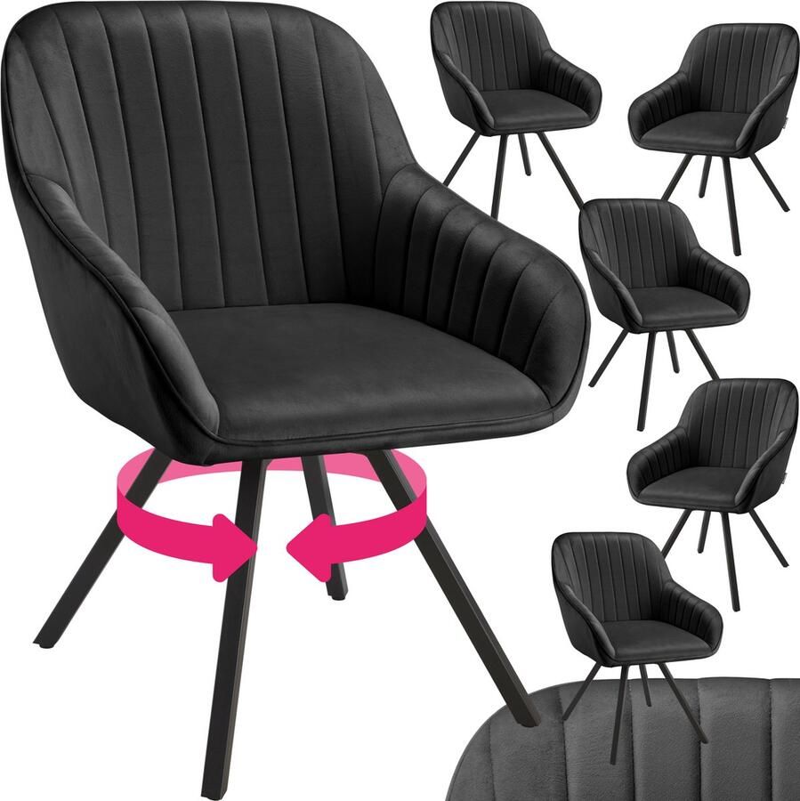 Tectake Draaibare eetkamerstoel met armleuningen Ergonomische kuipstoel met fluwelen bekleding Gewatteerd Draaistoel voor woonkamer eettafel studeerkamer kaptafel en keuken Set van 6 Zwart
