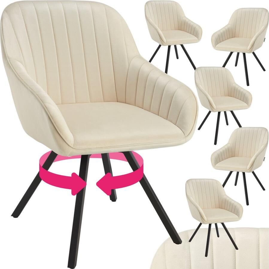 Tectake Draaibare eetkamerstoel met armleuningen Ergonomische kuipstoel met fluwelen bekleding Gewatteerd Draaistoel voor woonkamer eettafel studeerkamer kaptafel en keuken Set van 6 Crème