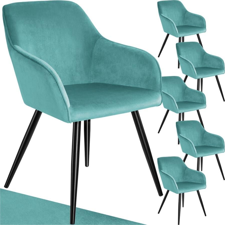Tectake Set van 6 Eetkamerstoelen met Armleuningen Gevoerde Fluwelen Zitting Zwart Metalen Poten Voor Woonkamer Eetkamer Keuken en Kantoor Turkoois Zwart