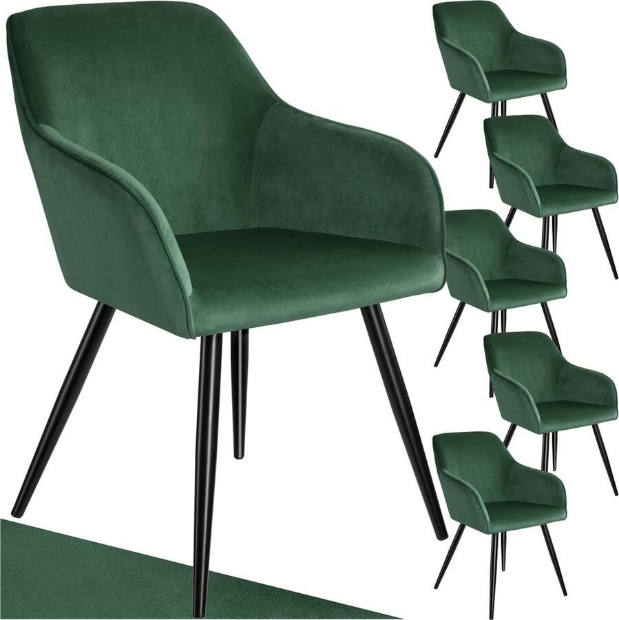 Tectake Eetkamerstoel Marilyn Set van 6 Met Armleuningen Elegante Stoel met Gevoerde Zitting in Fluweellook Gestoffeerd Zwarte metalen poten Ergonomische Keukenstoel Stoel voor Woonkamer Eetkamer en Slaapkamer Donkergroen