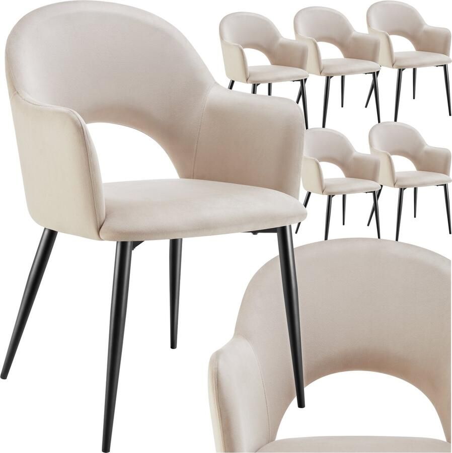 Tectake Set van 6 Eetkamerstoelen Sachel Fluweellook Gestoffeerde Fauteuils Keukenstoel Ergonomische Stoelen voor Woonkamer en Keuken Eetkamerstoel met Armleuning 120 kg Draagkracht per Stoel Creme