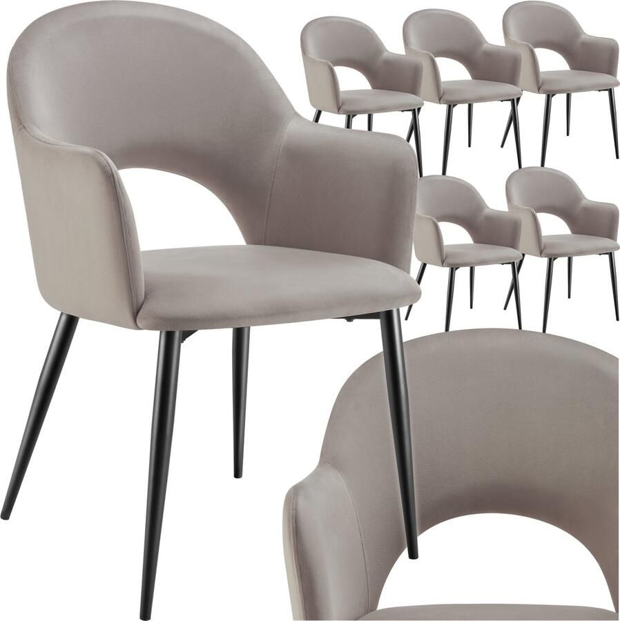 Tectake Set van 6 Eetkamerstoelen Sachel Fluweellook Gestoffeerde Fauteuils Keukenstoel Ergonomische Stoelen voor Woonkamer en Keuken Eetkamerstoel met Armleuning 120 kg Draagkracht per Stoel Taupe