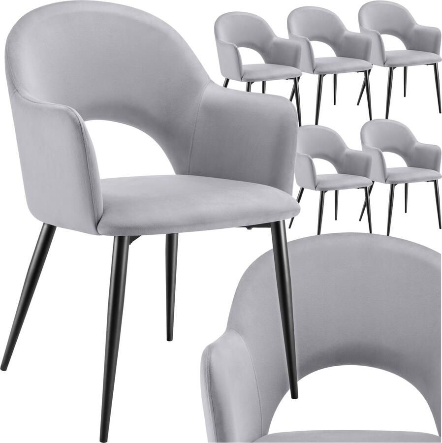 Tectake Set van 6 Eetkamerstoelen Sachel Fluweellook Gestoffeerde Fauteuils Keukenstoel Ergonomische Stoelen voor Woonkamer en Keuken Eetkamerstoel met Armleuning 120 kg Draagkracht per Stoel Lichtgrijs