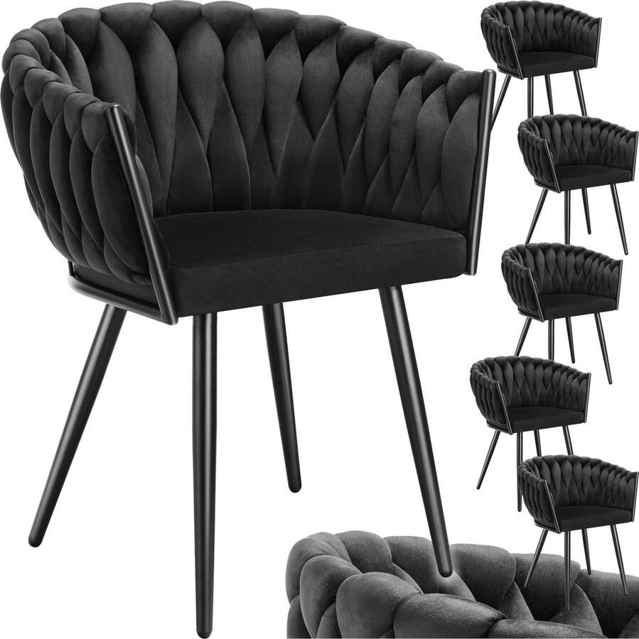 Tectake Set van 6 Fluwelen eetkamerstoelen Kuipstoel met armleuning in knooplook Eetkamerstoel Moderne eetkamerstoel voor woonkamer en eetkamer Keukenstoel Kaptafelstoel Slaapkamerstoel kleuren Zwart