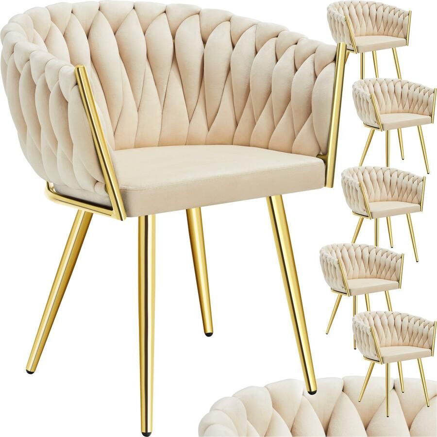 Tectake Set van 6 Fluwelen eetkamerstoelen Kuipstoel met armleuning in knooplook Eetkamerstoel Moderne eetkamerstoel voor woonkamer en eetkamer Keukenstoel Kaptafelstoel Slaapkamerstoel kleuren Zandkleurig Goud