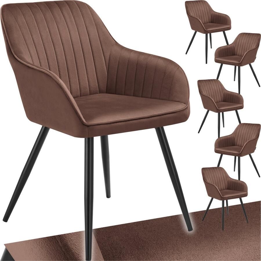 Tectake Set van 6 Fluwelen Stoelen Eetkamerstoelen met Moderne Fluwelen Stof Comfortabele Fauteuils voor Woonkamer Eetkamer of Lounge Bruin Zwart