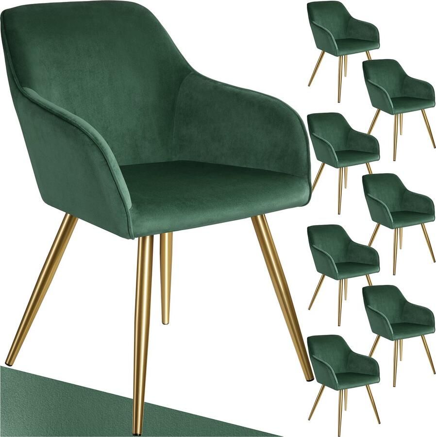 Tectake Eetkamerstoel Marilyn Set van 8 Met Armleuningen Elegante Stoel met Gevoerde Zitting in Fluweellook Gestoffeerd Gouden metalen poten Ergonomische Keukenstoel Stoel voor Woonkamer Eetkamer en Slaapkamer Donkergroen - Foto 2