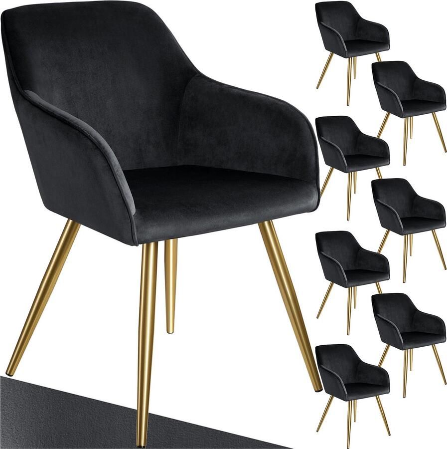Tectake Eetkamerstoel Marilyn Set van 8 Met Armleuningen Elegante Stoel met Gevoerde Zitting in Fluweellook Gestoffeerd Gouden metalen poten Ergonomische Keukenstoel Stoel voor Woonkamer Eetkamer en Slaapkamer Zwart - Foto 2