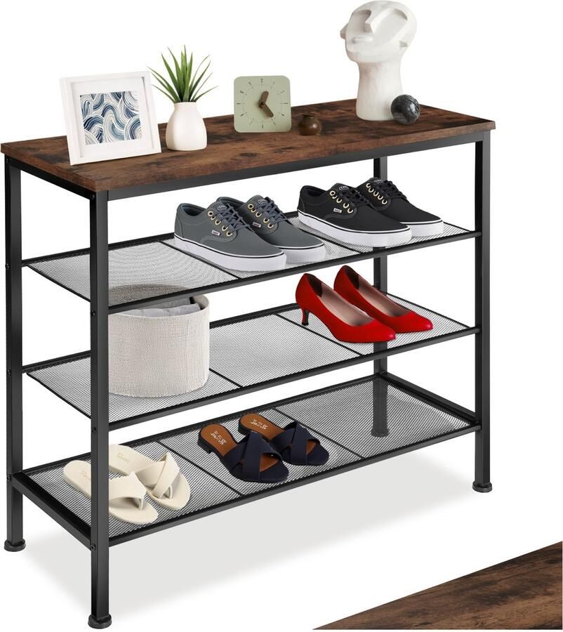 Tectake Smal Schoenenrek met Plank Schoenenrek van Hout en Metaal in Industrieel Design 4 Niveaus met 3 Roosterplanken 80 5 x 30 5 x 72 5 cm Zwart Metalen Frame (Industrieel Donkerbruin)