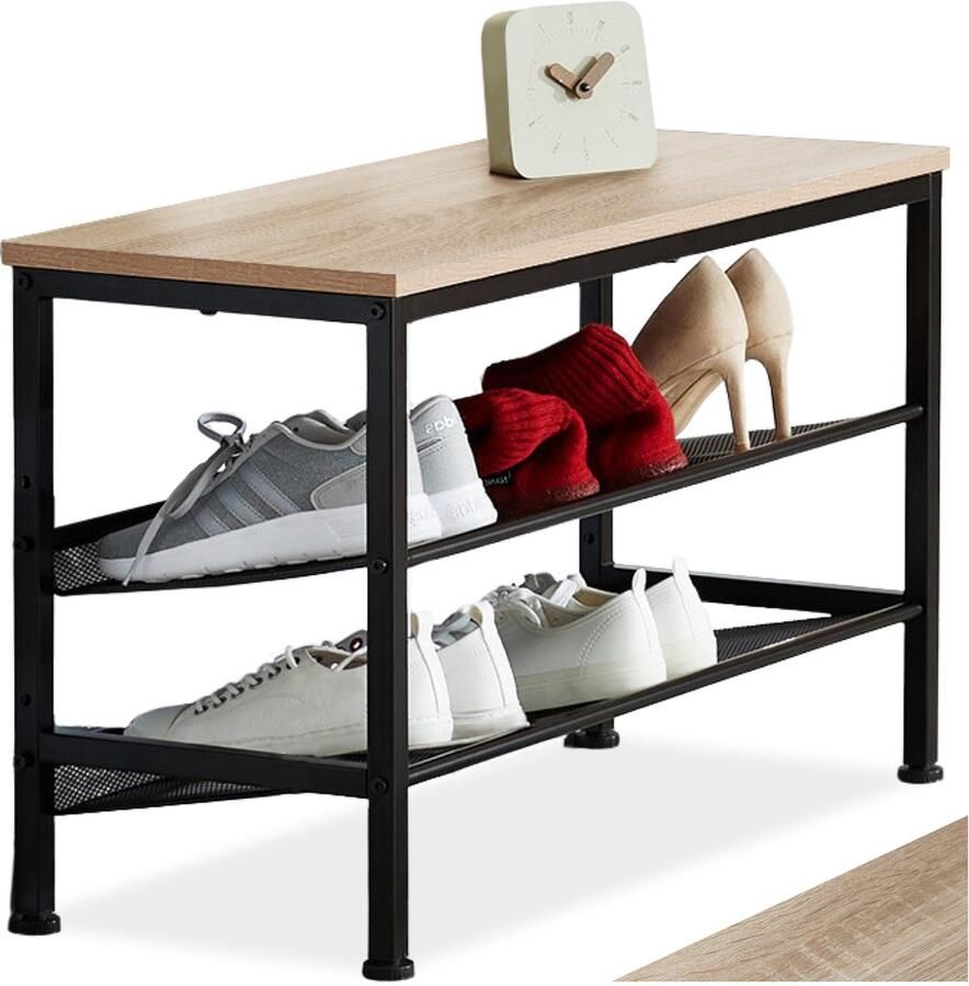 Tectake Smal schoenenrek met zitje 3 niveaus van 1 zitje en 2 roosterplanken Schoenenbank van hout en metaal Industrieel design Zwart metalen frame Afmeting (LxBxH) 75 5 x 30 5 x 45 5 cm Lichtbruin