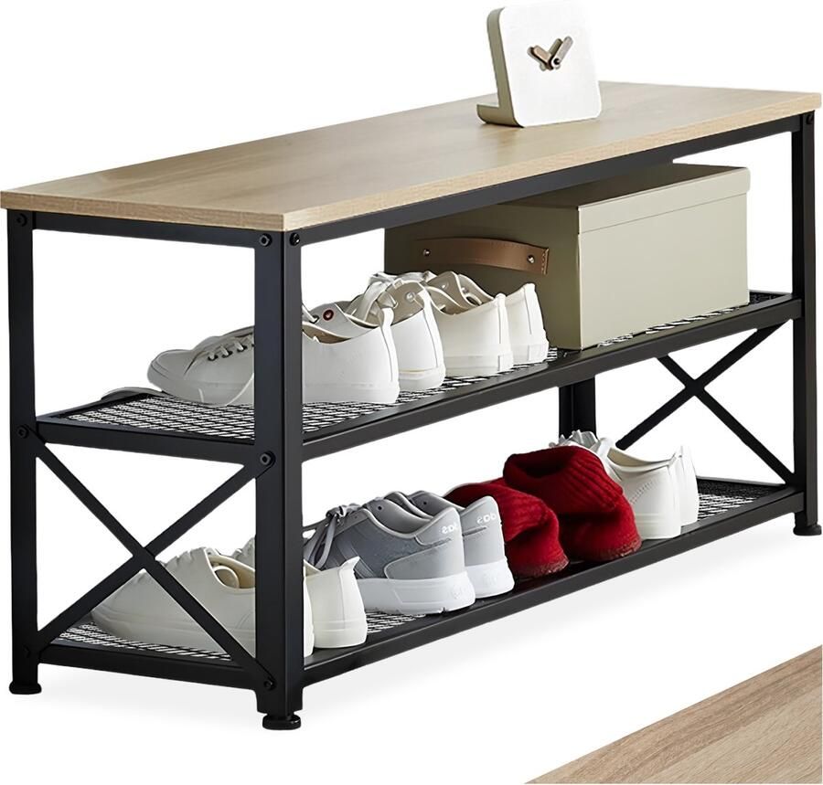 Tectake Smal schoenenrek met zitje 3 niveaus van 1 zitje en 2 roosterplanken Schoenenbank van hout en metaal Industrieel design Zwart metalen frame Afmeting (LxBxH) 101 x 30 5 x 45 5 cm Lichtbruin