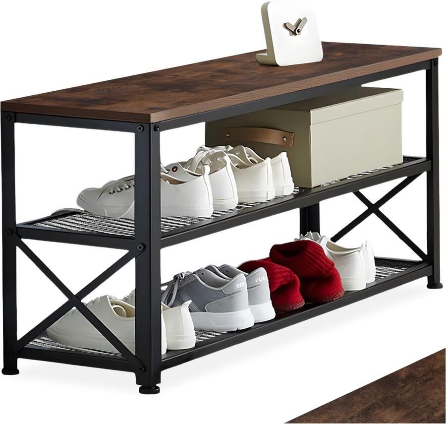 Tectake Smal schoenenrek met zitje 3 niveaus van 1 zitje en 2 roosterplanken Schoenenbank van hout en metaal Industrieel design Zwart metalen frame Afmeting (LxBxH) 101 x 30 5 x 45 5 cm Donkerbruin