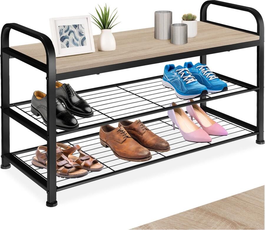 Tectake Smal schoenenrek met zitje 3 niveaus van 1 zitje en 2 roosterplanken Schoenenbank van hout en metaal Industrieel design Zwart metalen frame Afmeting (LxBxH) 91 x 36 x 55 cm Lichtbruin