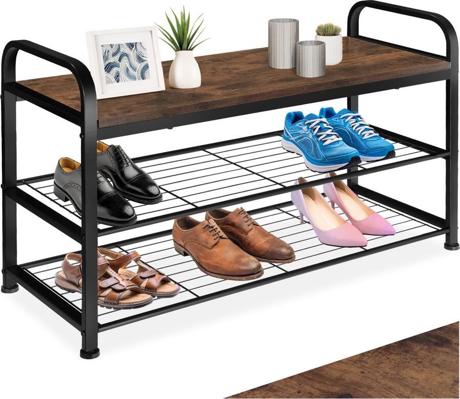 Tectake Smal schoenenrek met zitje 3 niveaus van 1 zitje en 2 roosterplanken Schoenenbank van hout en metaal Industrieel design Zwart metalen frame Afmeting (LxBxH) 91 x 36 x 55 cm Donkerbruin