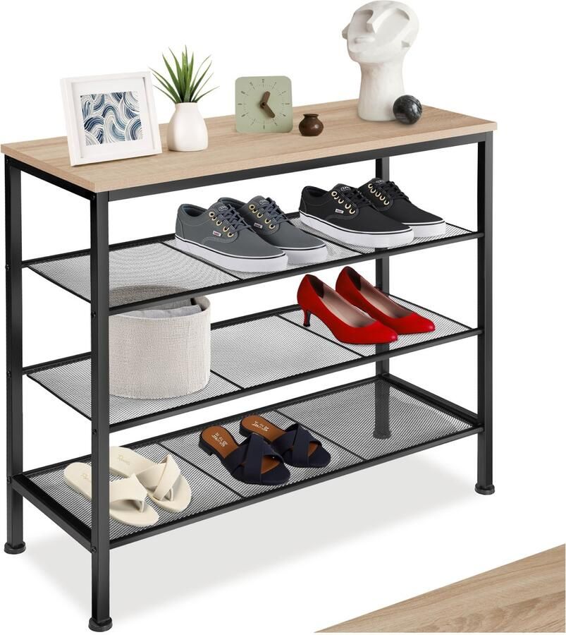 Tectake Smalle Schoenenkast met Opbergruimte – Hout & Metaal Industriële Stijl 4 Niveaus 3 Roosterplanken 80 5x30 5x72 5 cm – Licht Sonoma Eiken