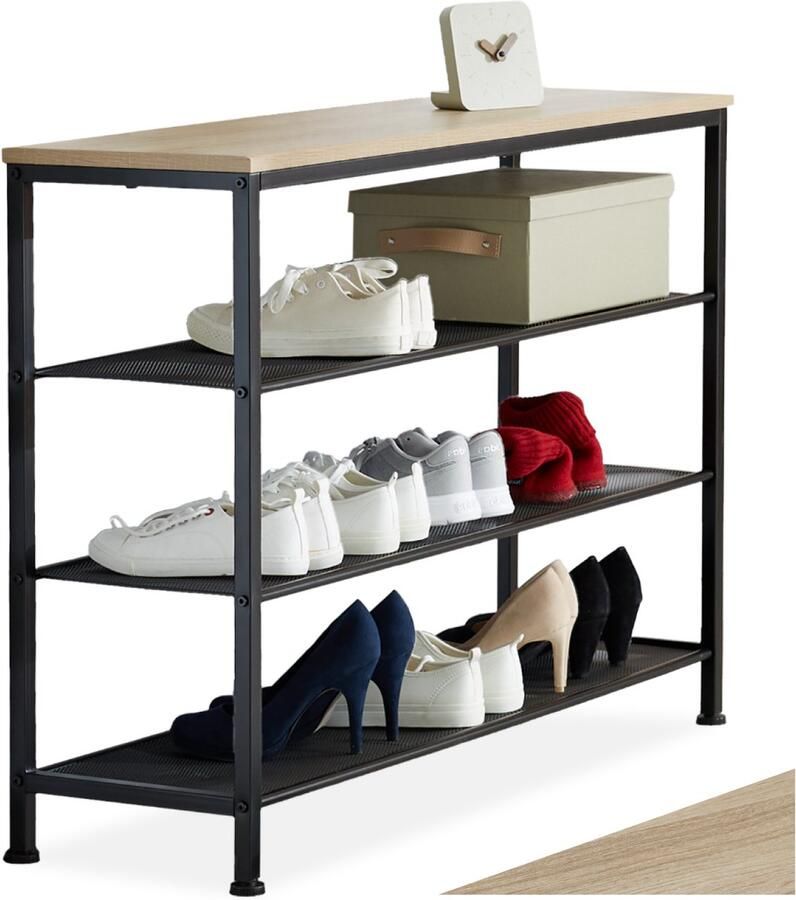 Tectake Smalle Schoenenkast met Opbergruimte – Hout & Metaal Industriële Stijl 4 Niveaus 3 Roosterplanken 100x30 5x72 5 cm – Licht Sonoma Eiken