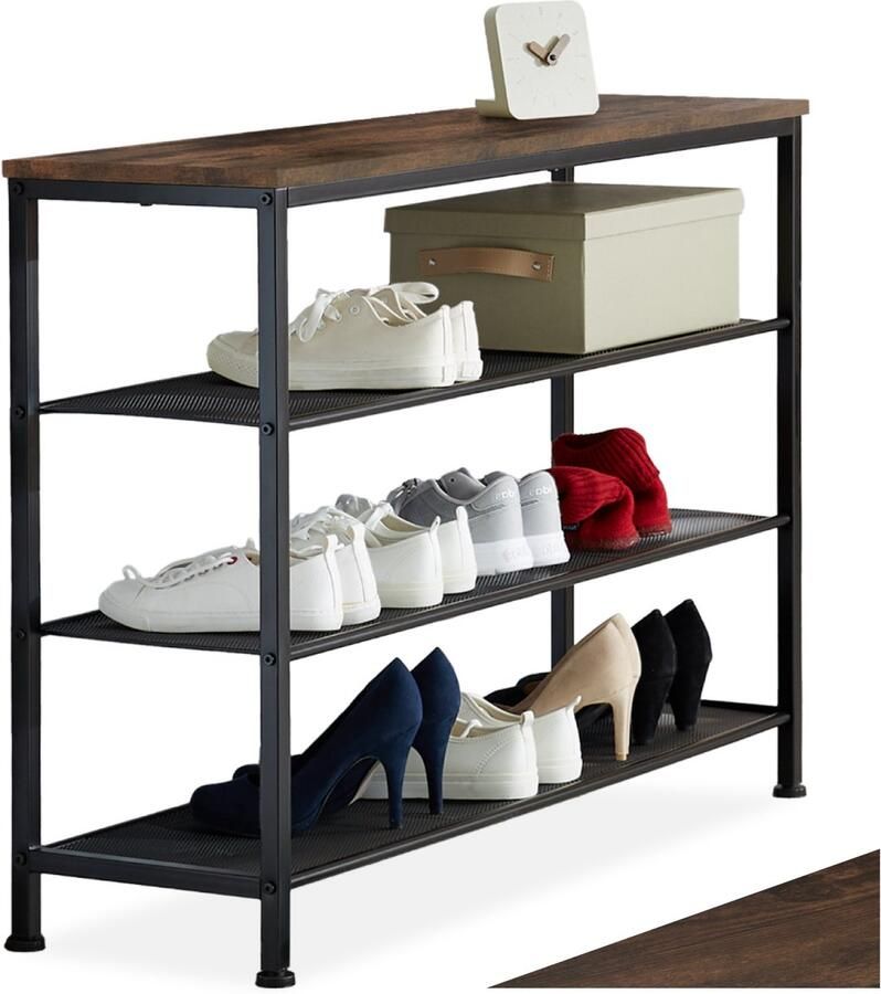 Tectake Smalle Schoenenkast met Opbergruimte – Hout & Metaal Industriële Stijl 4 Niveaus 3 Roosterplanken 100x30 5x72 5 cm – Industrial Dark Brown