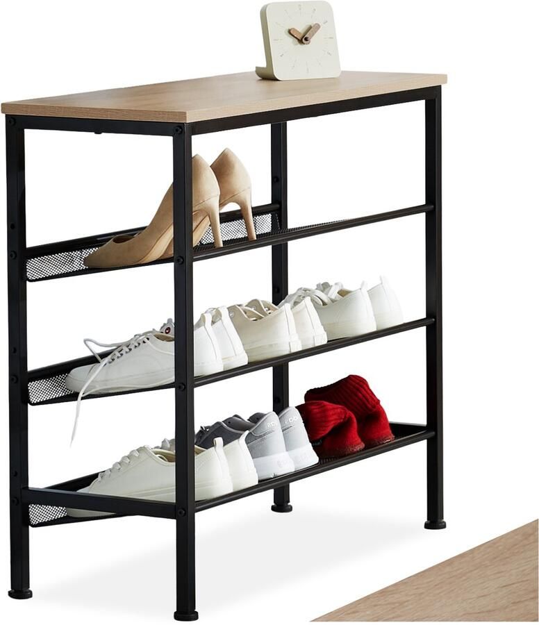 Tectake Smalle Schoenenkast met Opbergruimte – Hout & Metaal Industriële Stijl 4 Niveaus 3 Roosterplanken 75 5x30 5x69 5 cm – Licht Sonoma Eiken