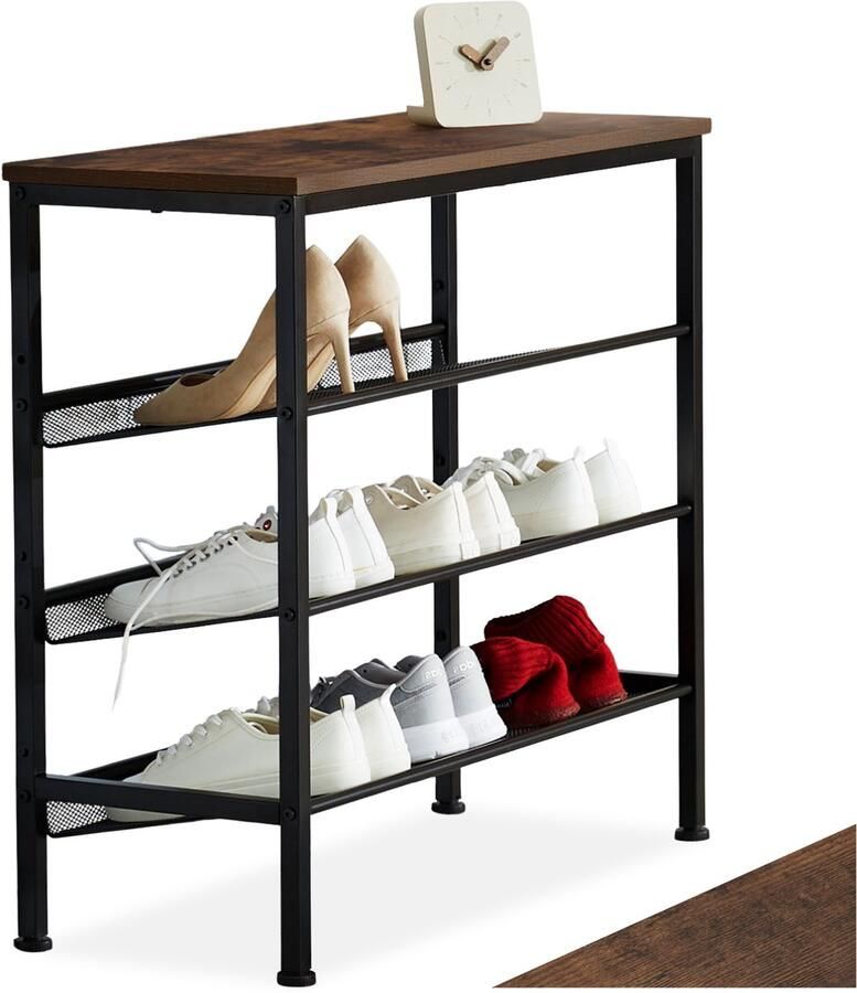 Tectake Smalle Schoenenkast met Opbergruimte – Hout & Metaal Industriële Stijl 4 Niveaus 3 Roosterplanken 75 5x30 5x69 5 cm – Industrial Dark Brown