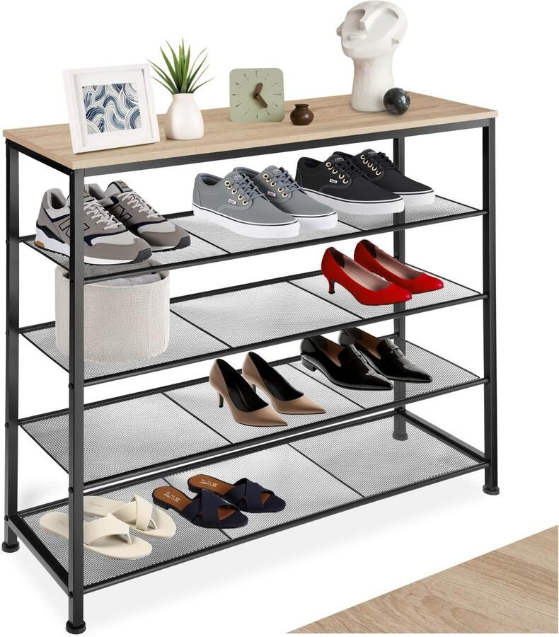 Tectake Smalle Schoenenkast met Opbergruimte – Hout & Metaal Industriële Stijl 5 Niveaus 4 Roosterplanken 100x30 5x93 cm – Licht Sonoma Eiken - Foto 2