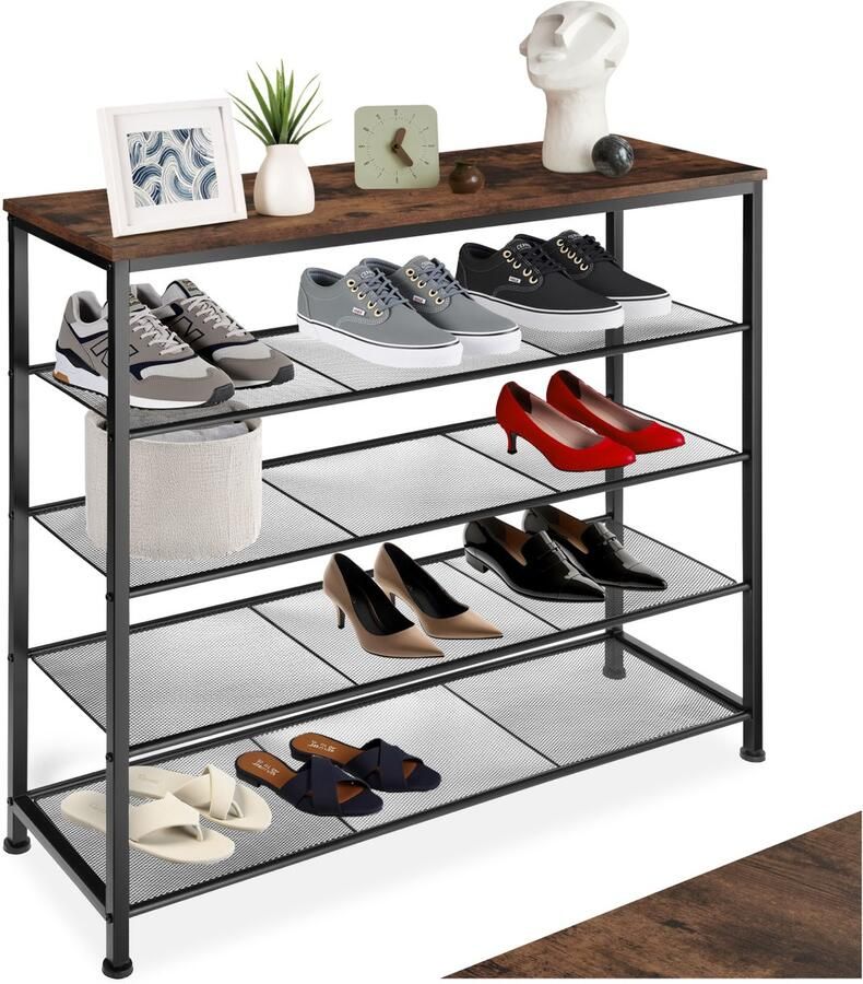 Tectake Smalle Schoenenkast met Opbergruimte – Hout & Metaal Industriële Stijl 5 Niveaus 4 Roosterplanken 100x30 5x93 cm – Industrial Dark Brown