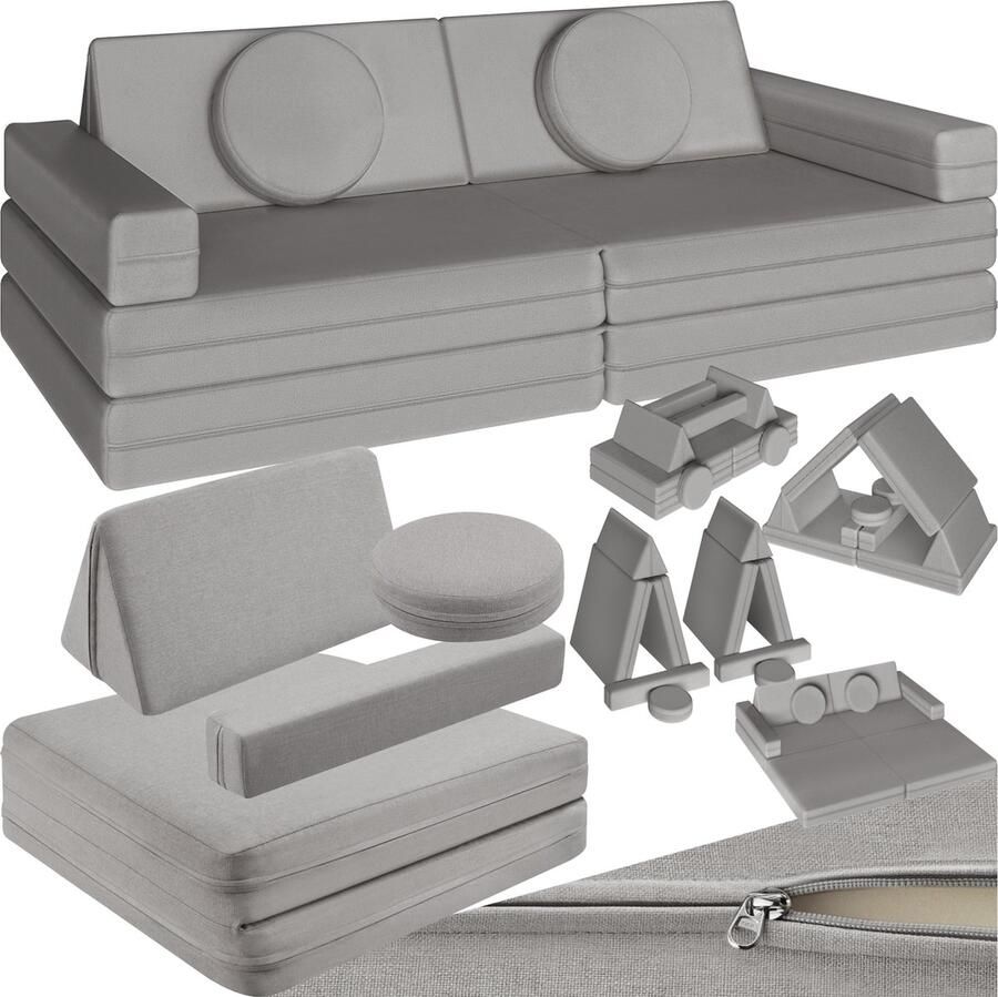 Tectake Speelbank Lilly Kinderbank Modulair Peutermeubilair Kinderstoel Kinderfauteuil Play Couch Kinderzetel Bankje Montessori Speelgoed Kindersofa Slaapbank – 160cm grijs