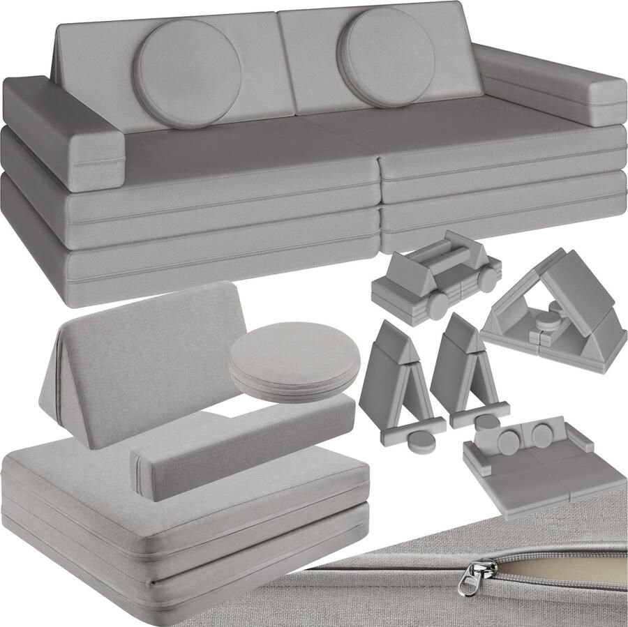 Tectake Speelbank Lilly Kinderbank Modulair Peutermeubilair Kinderstoel Kinderfauteuil Play Couch Kinderzetel Bankje Montessori Speelgoed Kindersofa Slaapbank – 120cm grijs