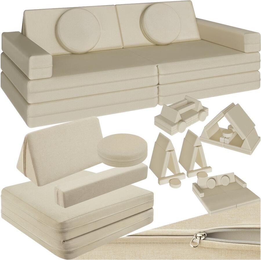 Tectake Speelbank Lilly Kinderbank Modulair peutermeubilair Kinderstoel Kinderfauteuil Play couch Kinderzetel Bankje Montessori speelgoed Kindersofa Slaapbank 120cm Beige