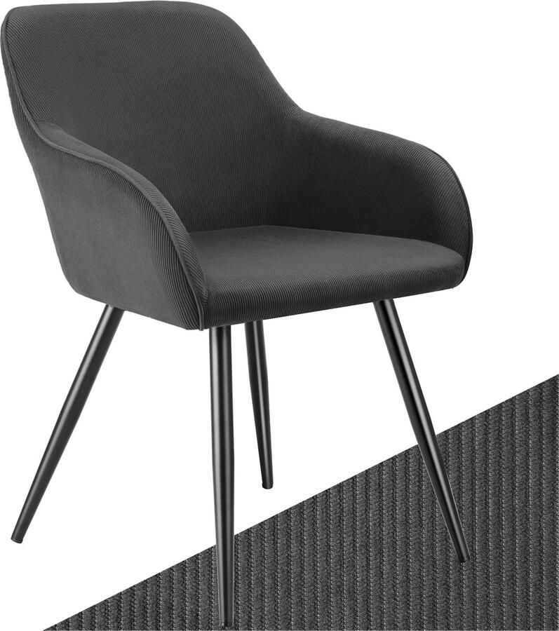 Tectake Eetkamerstoel Marilyn Gestoffeerde Stoel met Koordlook ribstof Zwarte Stoelpoten Ergonomische Keukenstoel Stoel voor Eetkamer Woonkamer Slaapkamer Antraciet - Foto 2
