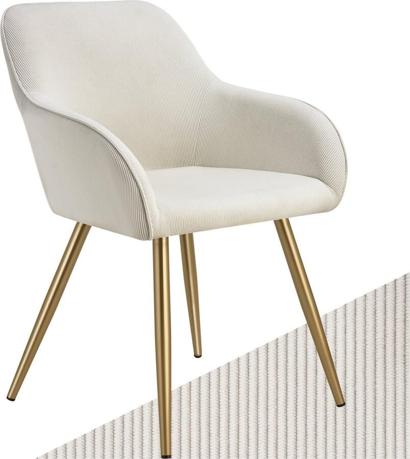Tectake Eetkamerstoel Marilyn Gestoffeerde Stoel met Koordlook ribstof Gouden Stoelpoten Ergonomische Keukenstoel Stoel voor Eetkamer Woonkamer Slaapkamer Creme - Foto 2