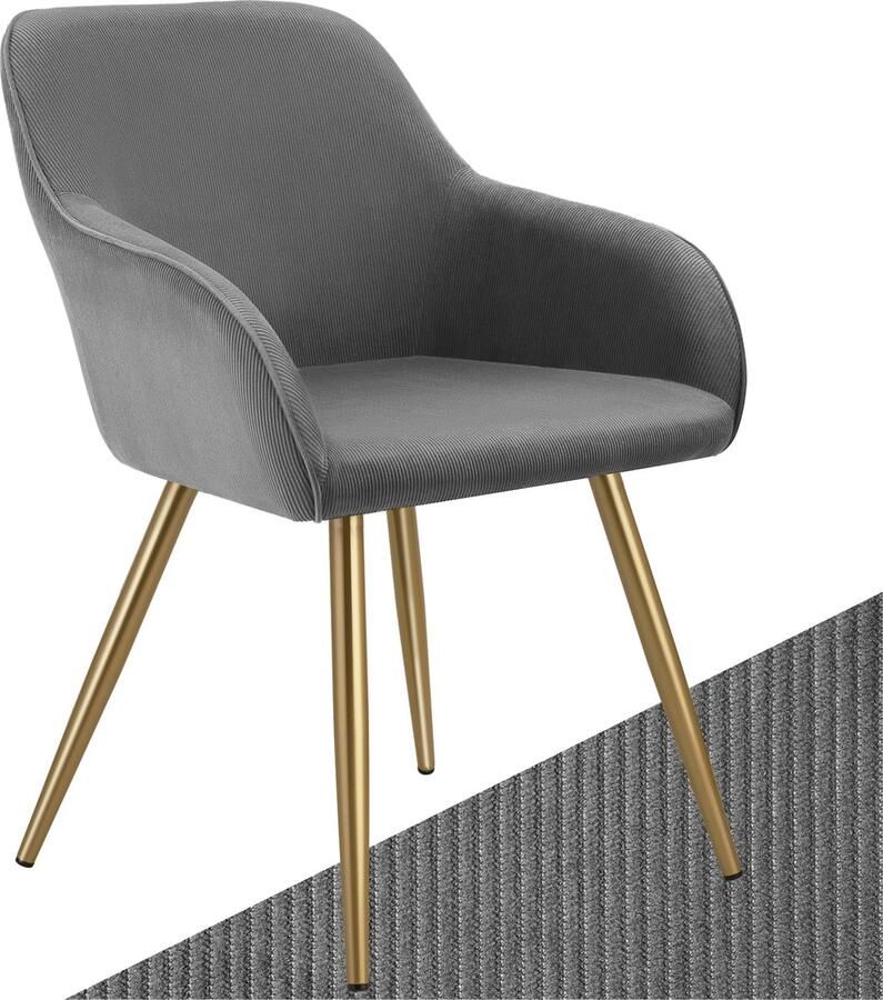 Tectake Eetkamerstoel Marilyn Gestoffeerde Stoel met Koordlook ribstof Gouden Stoelpoten Ergonomische Keukenstoel Stoel voor Eetkamer Woonkamer Slaapkamer Grijs - Foto 2