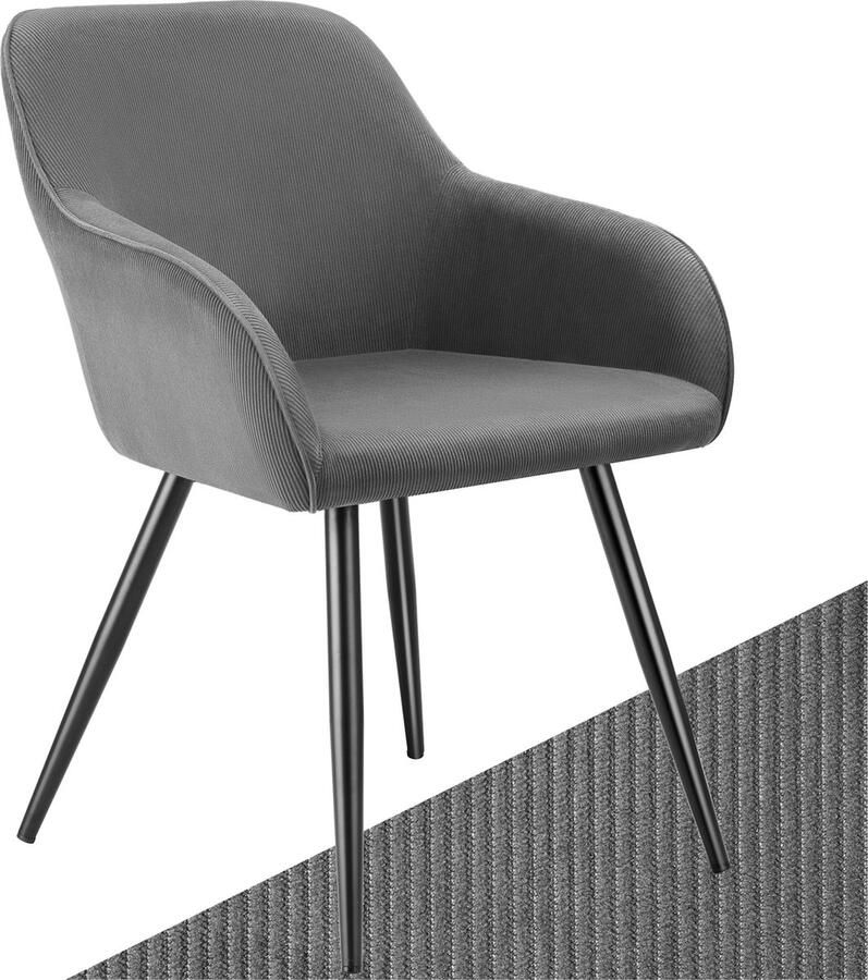 Tectake Eetkamerstoel Marilyn Gestoffeerde Stoel met Koordlook ribstof Zwarte Stoelpoten Ergonomische Keukenstoel Stoel voor Eetkamer Woonkamer Slaapkamer Grijs - Foto 2