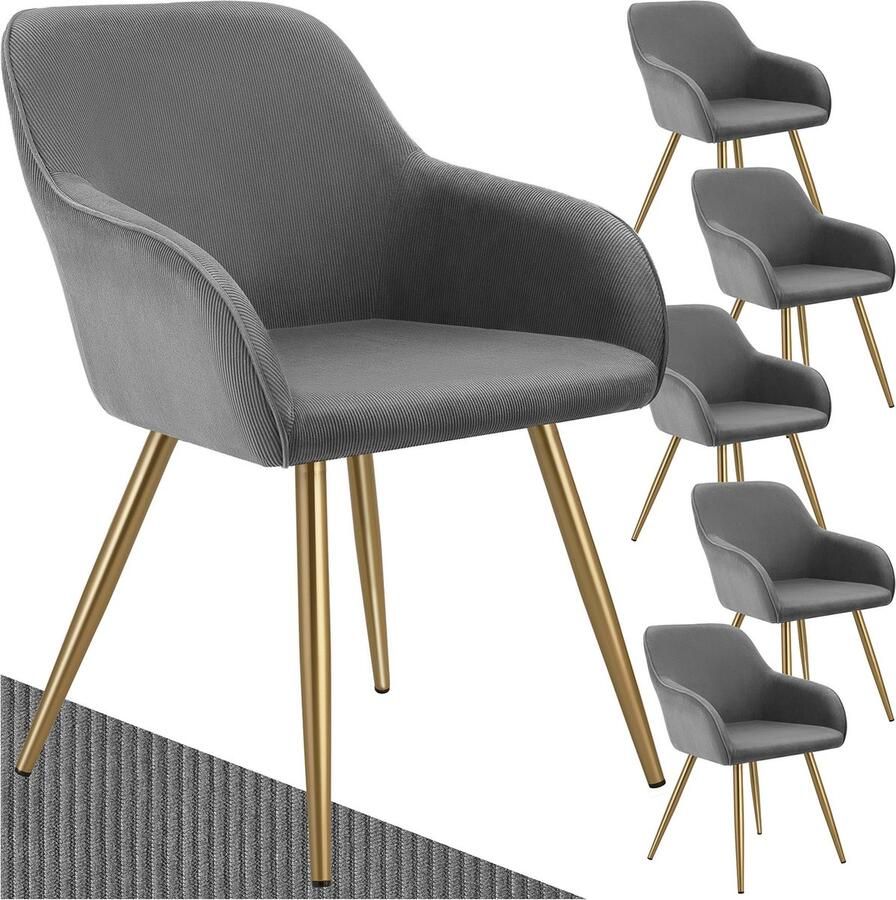Tectake Stoel Gestoffeerde woonkamerstoel met cordlook ribstof Designstoel loungestoel Draagvermogen tot 120kg Set van 6 Div kleuren grijs goud