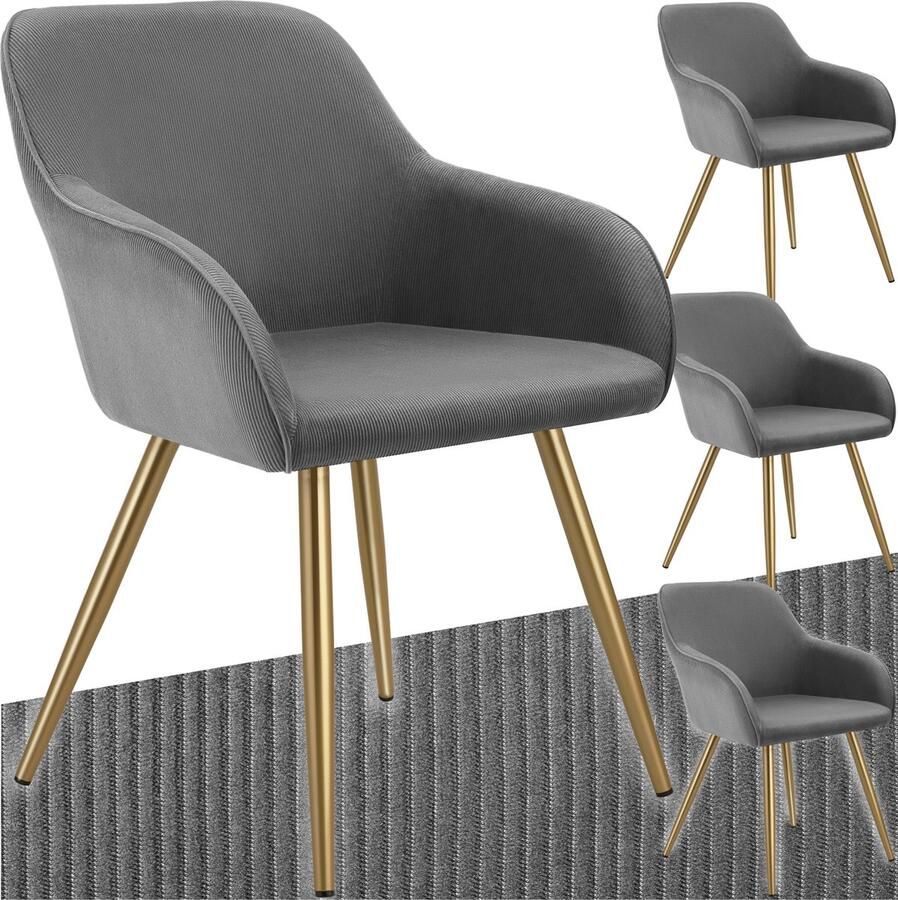 Tectake Stoel Gestoffeerde woonkamerstoel met cordlook ribstof Designstoel loungestoel Draagvermogen tot 120kg Set van 4 Div kleuren grijs goud